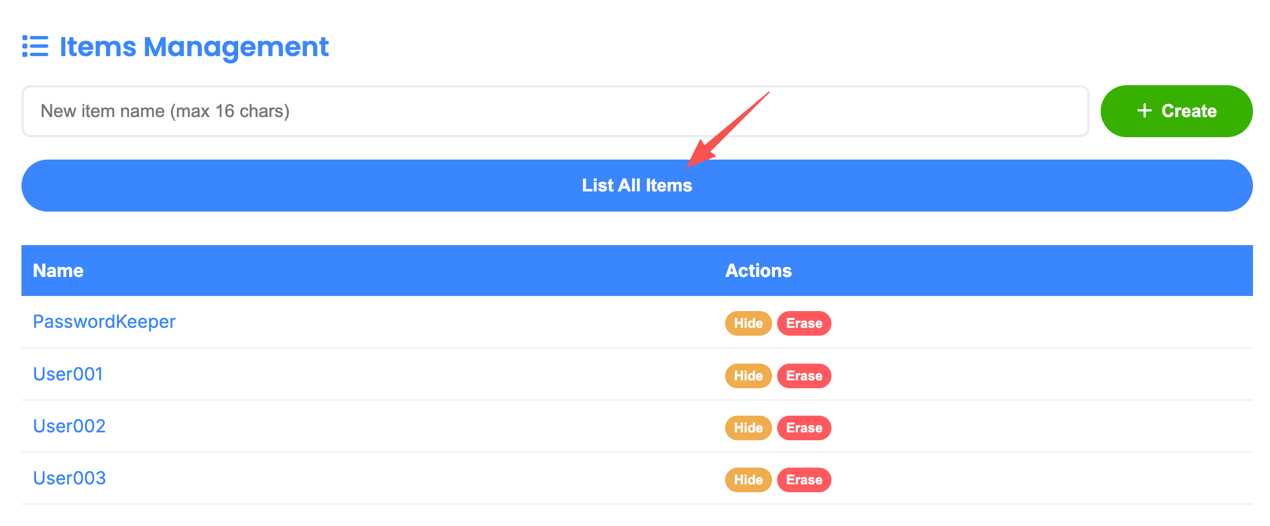 List All Items button